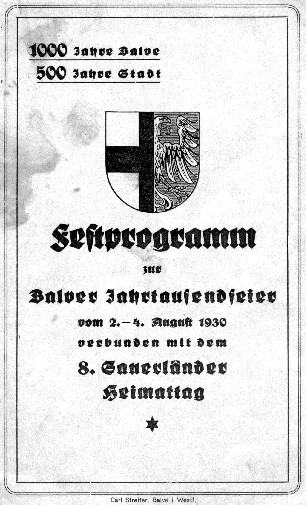 Deckblatt des Festprogramms zur Balver Jahrtausendfeier 1930 im Orginal